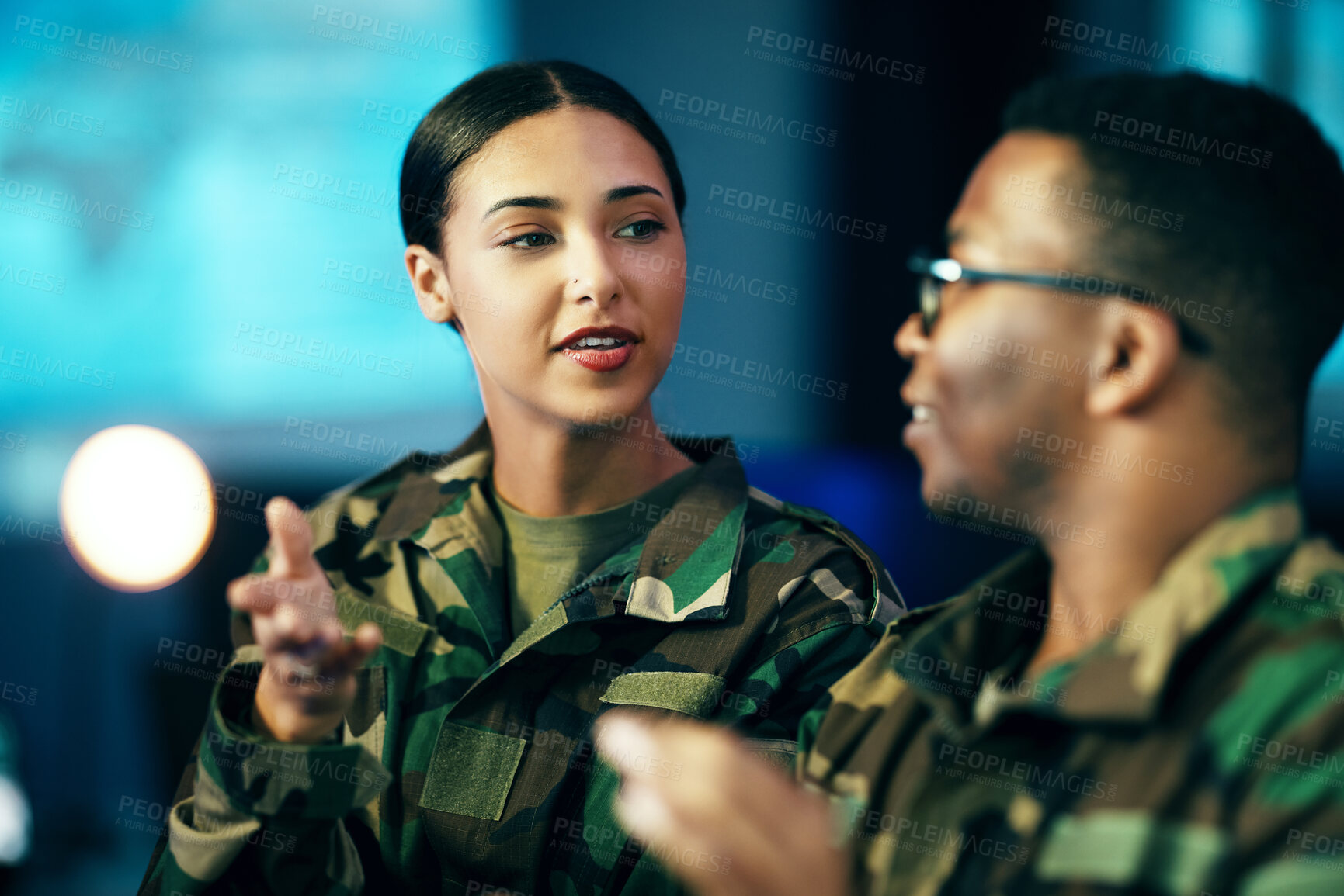 Buy stock photo Night, teamwork and people in army with a strategy, cyber security or military communication. Data center, war and a black man speaking to a woman about government secret, surveillance or system