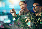 Futuristic screen, hand and people in the army for planning with overlay and global surveillance. Talking, night and a black man with a woman for digital information and a virtual military system