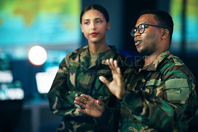 Buy stock photo Night, talking and people in army with a strategy, cyber security or military communication. Data center, war and a black man speaking to a woman about government secret, surveillance or system