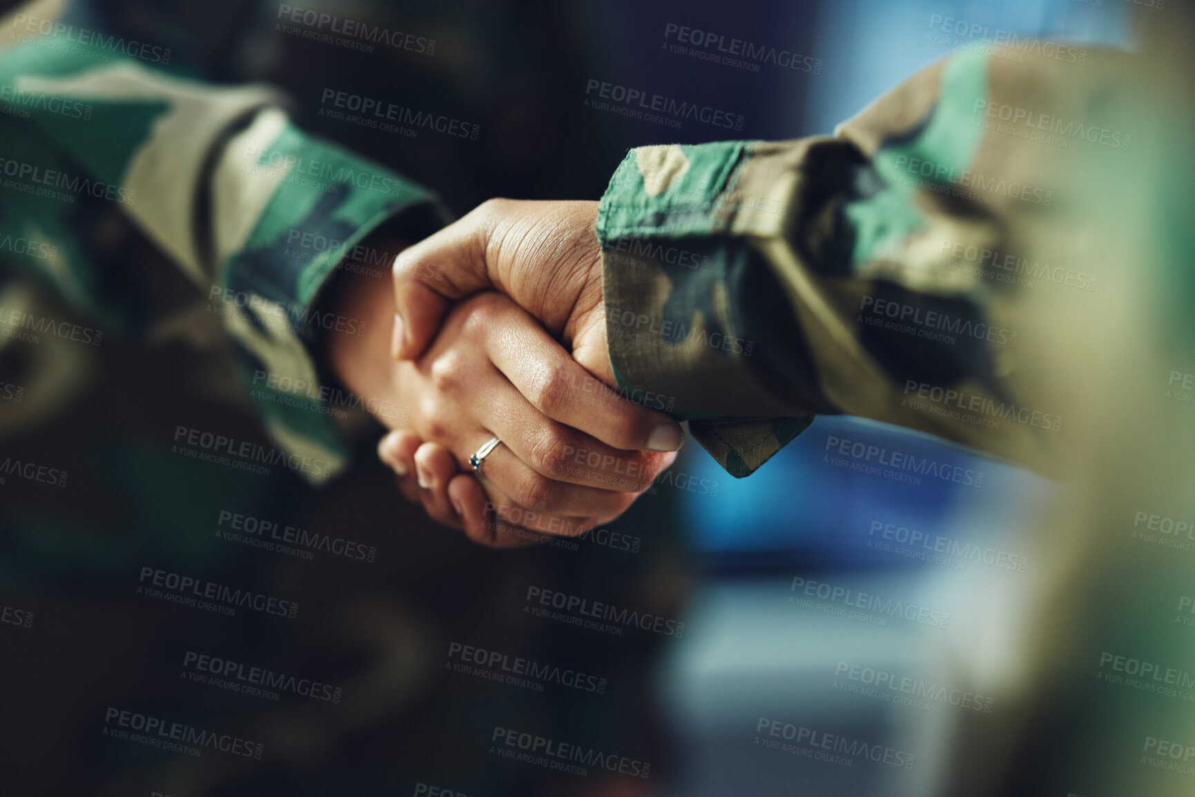 Buy stock photo Military, army or handshake for partnership, teamwork or deal in war, agreement or unity together. People, soldiers or shaking hands for team fight, thank you or gratitude in solidarity for a mission