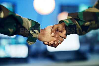 Buy stock photo Military, army or shaking hands for partnership, teamwork or deal in war, agreement or unity together. People, soldiers or handshake for team fight, thank you or gratitude in solidarity for a mission