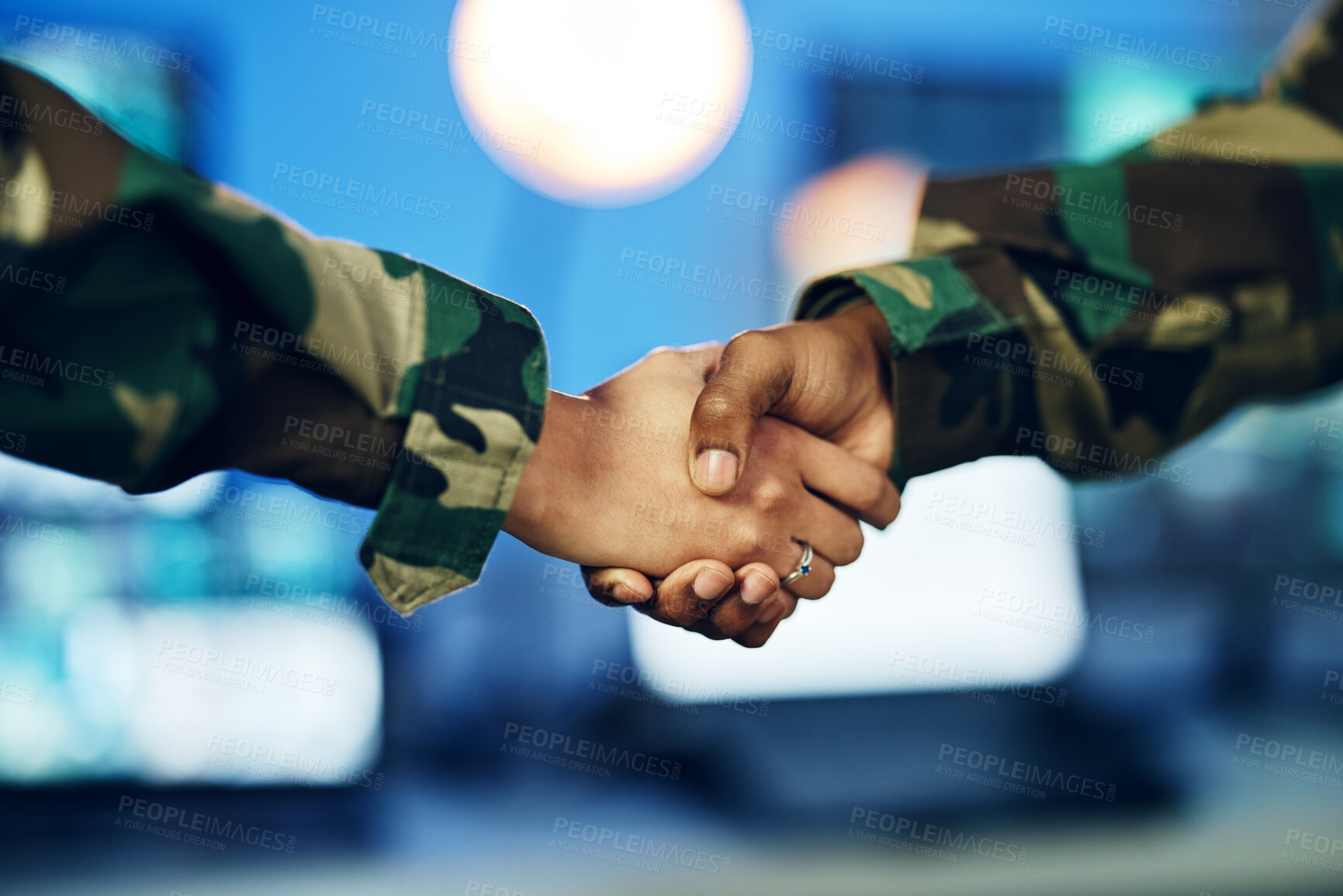 Buy stock photo Military, army or shaking hands for partnership, teamwork or deal in war, agreement or unity together. People, soldiers or handshake for team fight, thank you or gratitude in solidarity for a mission