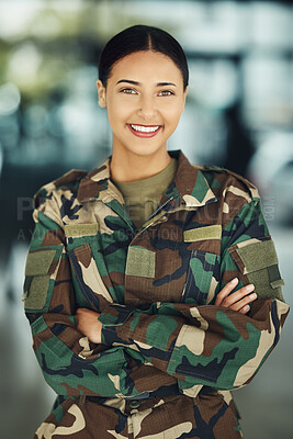 Buy stock photo Portrait, military and woman with arms crossed, smile and war with protection, confident and power. Person, security and lady warrior proud, hero and ready for army, service or training for combat