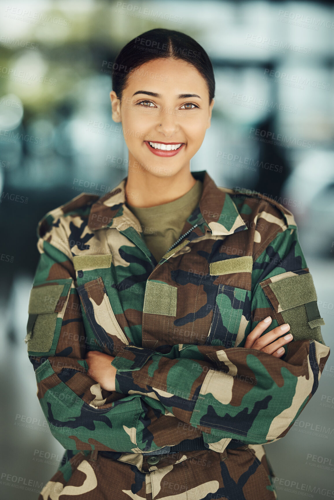 Buy stock photo Portrait, military and woman with arms crossed, smile and war with protection, confident and power. Person, security and lady warrior proud, hero and ready for army, service or training for combat