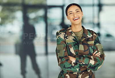 Buy stock photo Portrait of woman soldier with smile, confidence or pride, outside army mockup with arms crossed. Professional military career, security and courage, girl in camouflage uniform at government agency.