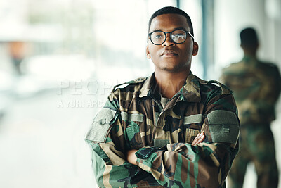 Buy stock photo Confident soldier portrait, mockup and arms crossed in army building, pride and professional hero service. Military career, security and courage, black man in camouflage uniform at government agency.