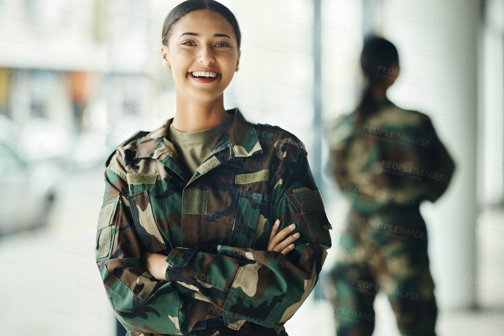 Buy stock photo Portrait, soldier and woman with arms crossed, military and security with a smile, confident and power. Face, person and warrior with pride, camouflage and protection with training, happy and war