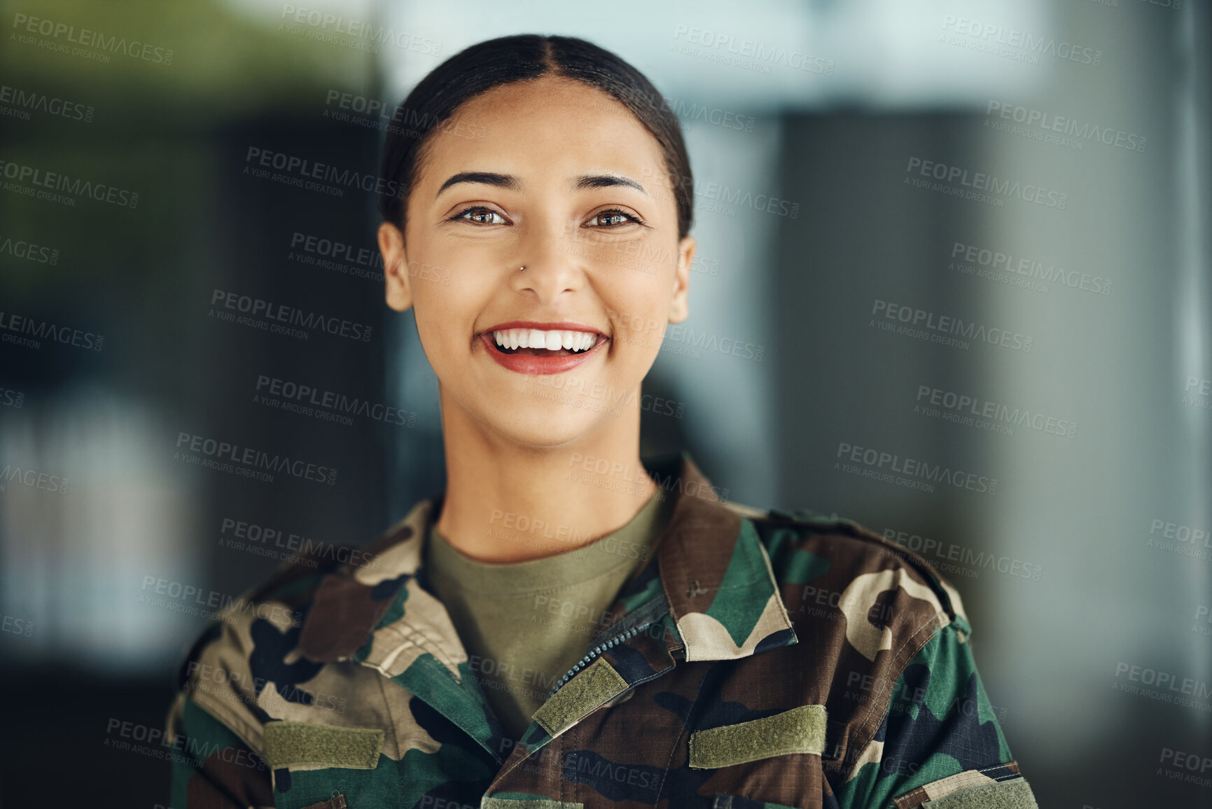 Buy stock photo Happy, portrait and a woman in the army for service, war training or soldier in clothes. Smile, security and a female military veteran or girl in gear or uniform for battle, trust or in the navy