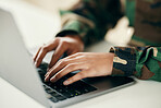 Military command center, hands or soldier on computer for analysis and technology for cyber intelligence. Security, email communication or guard typing on pc in army office at government control room