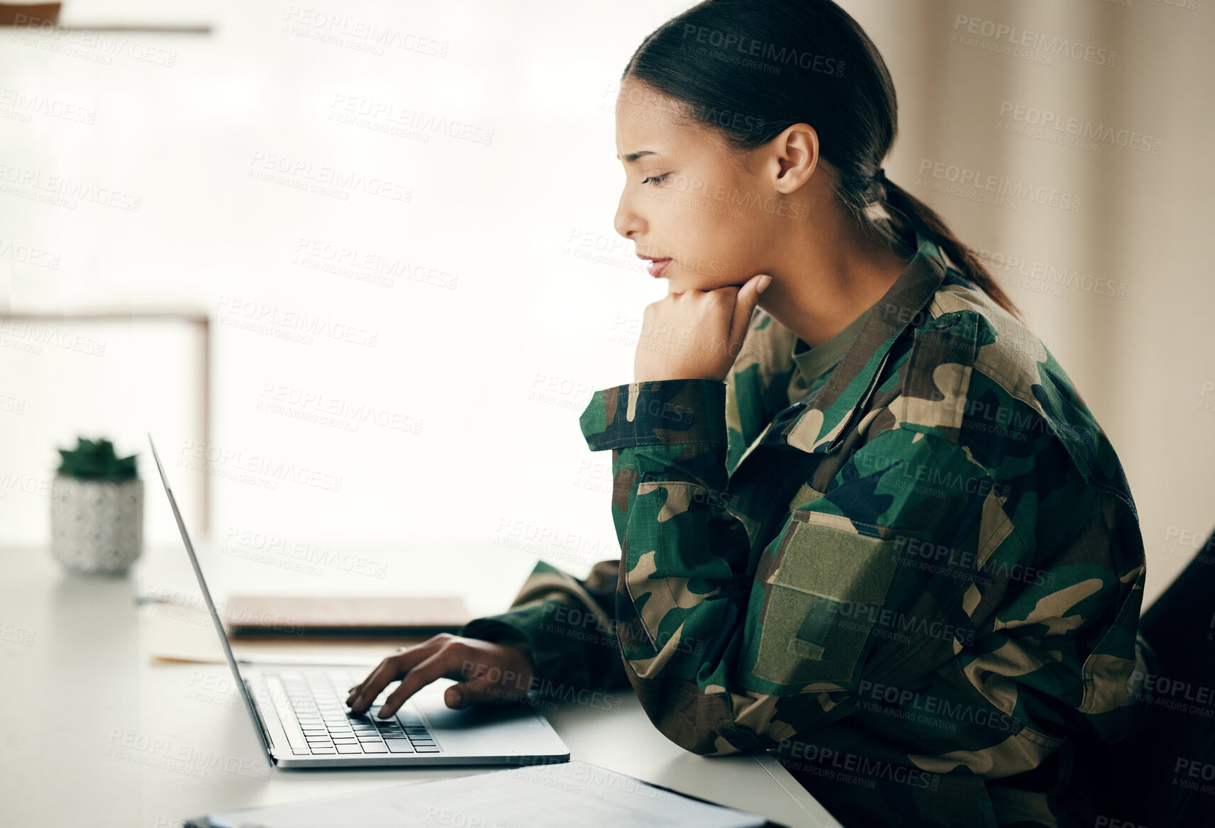 Buy stock photo Military, war and woman with a laptop, thinking and connection with network, website information and surveillance. Soldier, employee and veteran with a pc, communication and problem solving research