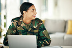 Laptop, smile and thinking with a woman soldier looking at space while reading military information online. Computer, happy and idea with a young army person working at base for strategy or planning