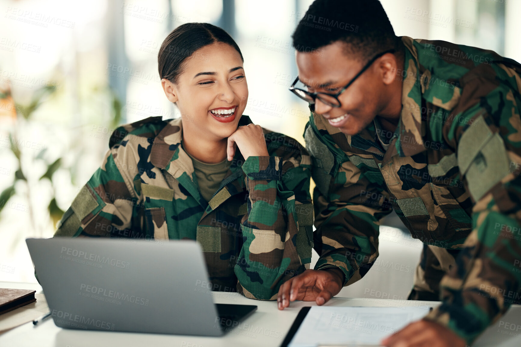 Buy stock photo Laptop, friends and an army team laughing in an office on a military base camp together for training. Computer, happy or funny with a man and woman soldier working together on a winning strategy