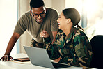 Laptop, friends and a military team laughing in an office on an army base camp together for training. Computer, smile or funny with a man and woman soldier working together on a winning strategy