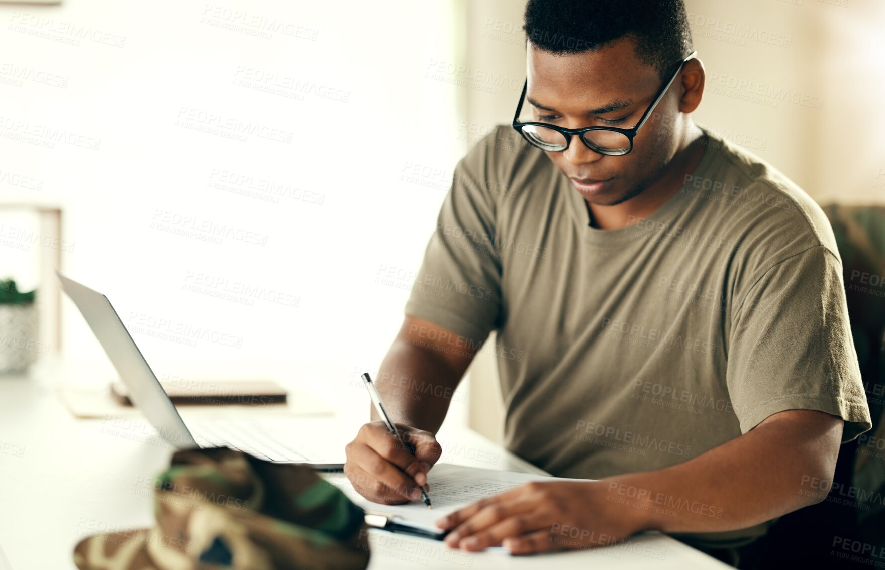 Buy stock photo Tax, planning and black man with remote work with paperwork for accounting, finance or strategy. Entrepreneurship, house and African entrepreneur or freelance worker with a document for investment