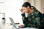 Headache, laptop or woman soldier with trauma and depression at desk with anxiety or stress. Frustrated, psychology or sad person with army memory, military frustration or ptsd crisis typing online