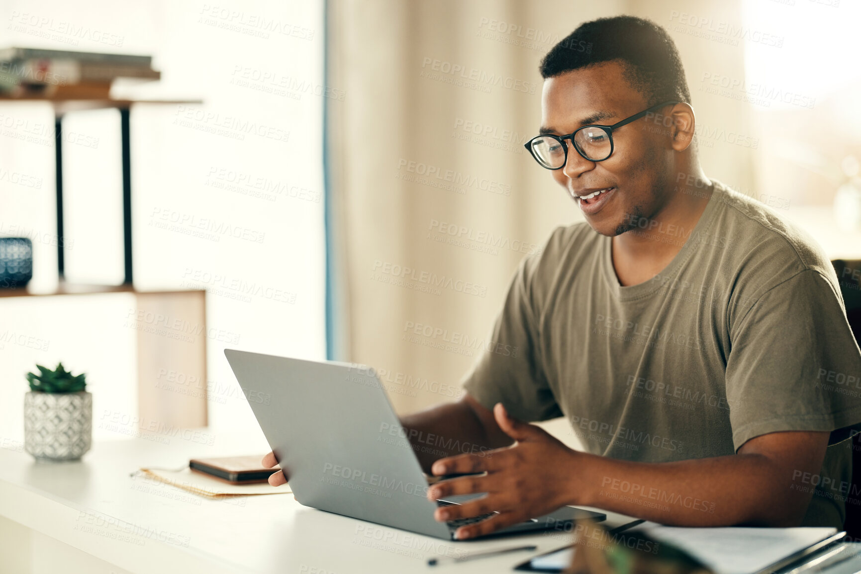 Buy stock photo Laptop, man and smile for remote work, research or copywriting in home office with happiness and glasses. Computer, employee and person working or reading project online with internet or connectivity