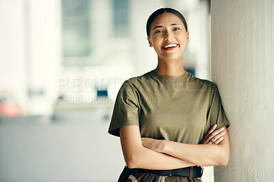 Buy stock photo Portrait of happy woman soldier with confidence, pride and mockup outside army building with arms crossed. Professional military career, security and courage, girl in uniform at government agency.