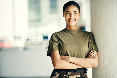 Buy stock photo Portrait on woman soldier with smile, arms crossed and mockup and relax outside army building with confidence. Professional military career, security and courage, girl in uniform at government agency