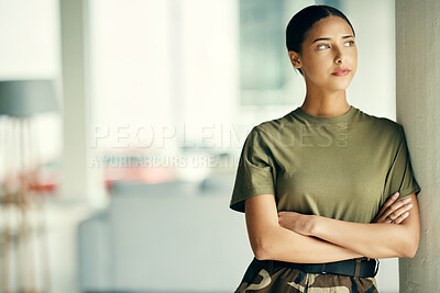 Buy stock photo Army, idea and arms crossed with a woman soldier in uniform for safety, service or patriotism Military, thinking and a serious young war hero looking confident or ready for battle in camouflage