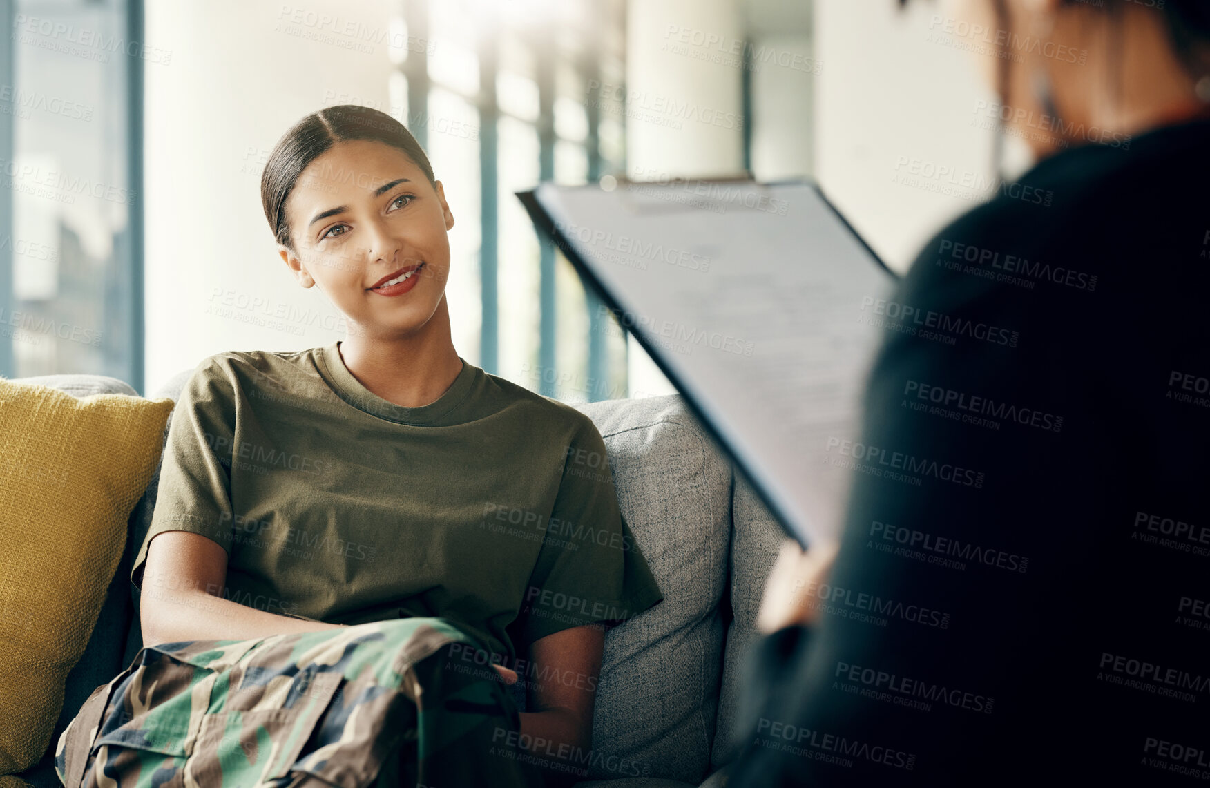 Buy stock photo Talking, soldier or woman in therapy for trauma counselling from military war for army mental health support. Consultation, depression stress or person with therapist to help with psychology on sofa