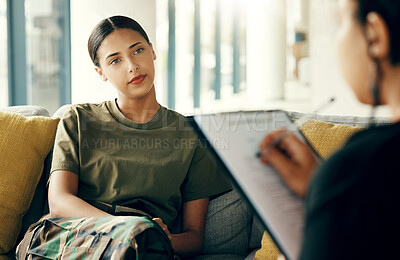 Buy stock photo Listen, soldier or woman in therapy for trauma counselling from military war for army mental health support. Consultation, talking or sad person with therapist to help a psychology problem on sofa