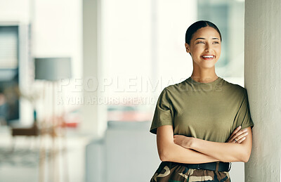 Buy stock photo Woman soldier with smile, arms crossed and pride, relax at army building with confidence. Professional military career, security and courage, girl in uniform at government agency  in hero service.