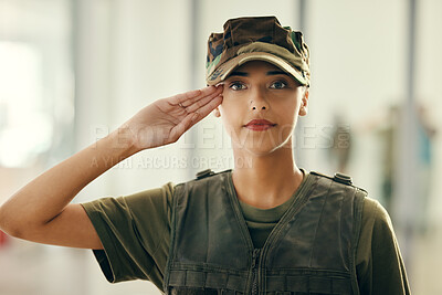 Buy stock photo Military, salute and portrait of woman soldier with confident, pride and respect for service. Serious, security and face of female army veteran warrior in uniform with courage for agency protection.