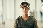 Army, salute and portrait of woman soldier with confident, pride and respect for service. Serious, security and face of female military veteran warrior in uniform with courage for agency protection.