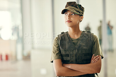 Buy stock photo Military, idea and arms crossed with a woman soldier in uniform for safety, service or patriotism Army, thinking and a serious young war hero looking confident or ready for battle in camouflage