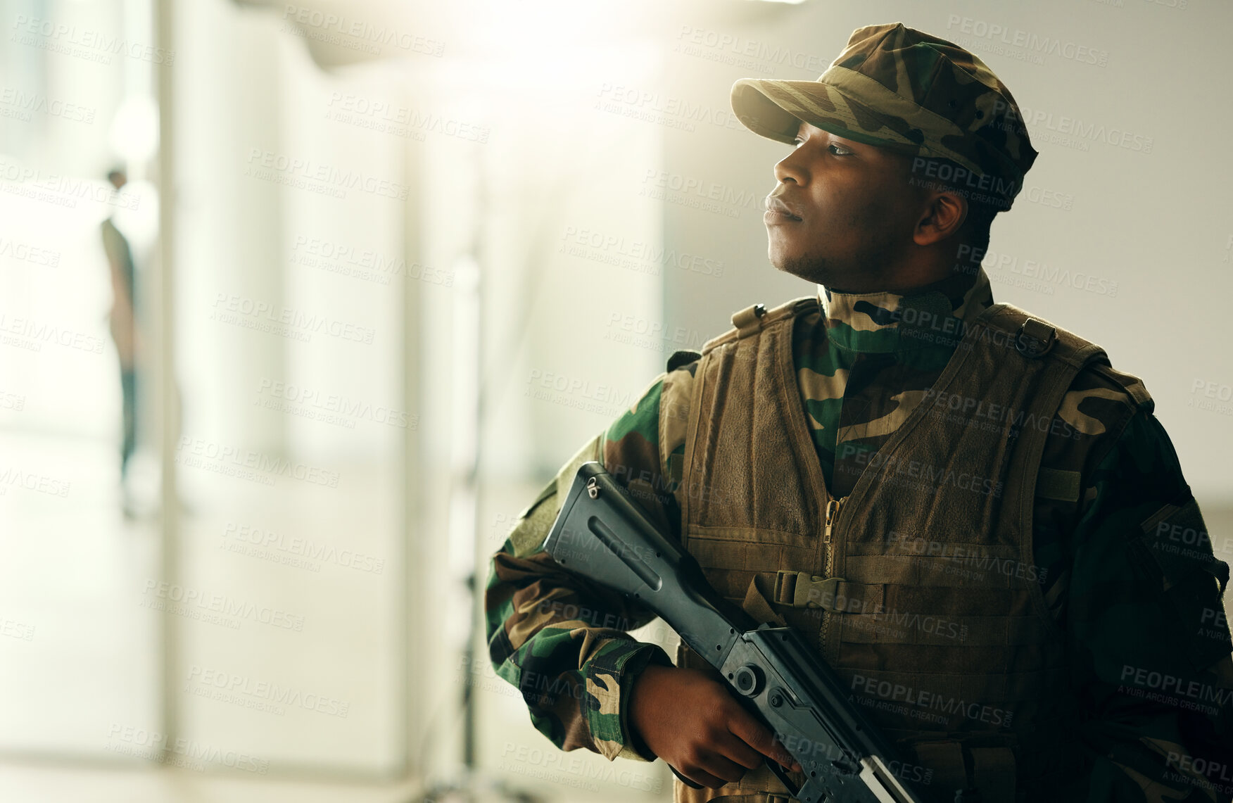 Buy stock photo Thinking, soldier and black man with gun in army, vision and serious in security. Military veteran, rifle and weapon of African professional with idea in camouflage uniform at government agency.