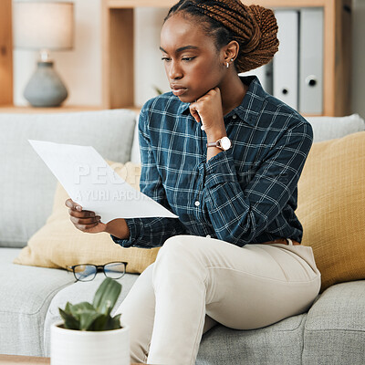 Buy stock photo Planning, budget or black woman reading paperwork, bank document and investment report in home. Savings, insurance documents or African lady with loan information for financial future in living room