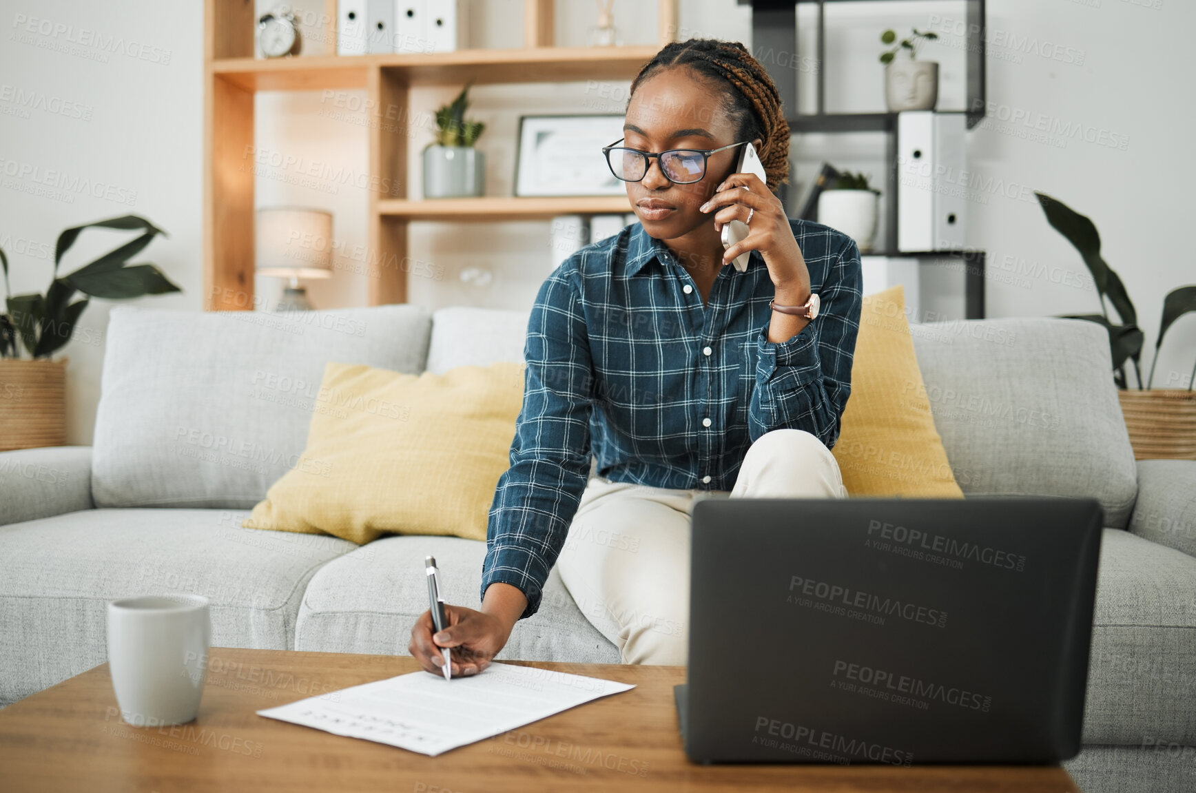 Buy stock photo Woman, home and phone call for documents, paper signature or contract advice, policy and insurance. Young african person on sofa writing, talking on mobile and financial review or loan application
