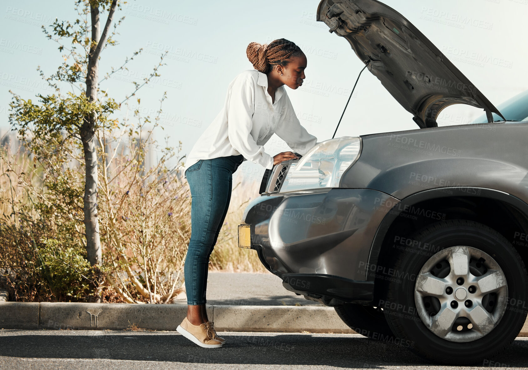 Buy stock photo Mechanic, broken car and black woman in the road fixing her engine problem or emergency. Transportation, travel and young African female person checking her motor vehicle for accident in the street.