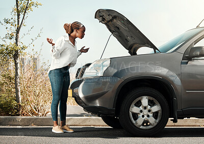 Buy stock photo Stress, broken car and black woman in the road with frustration for engine problem emergency. Transportation, travel and upset young African female person with motor vehicle accident in the street.