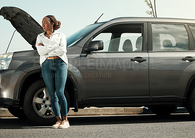 Buy stock photo Car problem, road or frustrated black woman late for work from engine crisis or accident on street. Fear, arms crossed or worried driver by a stuck motor vehicle with stress or anxiety in emergency