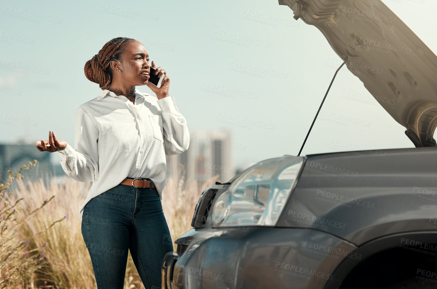 Buy stock photo Stress, broken car and black woman on a phone call in the road with frustration for engine problem emergency. Transportation, travel and upset young female person on mobile conversation for accident.