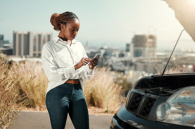 Buy stock photo Car problem, phone or frustrated black woman late for work from engine crisis on road in city. Message, texting or worried African driver by a stuck motor vehicle with stress or anxiety in emergency