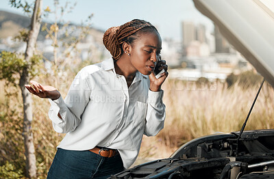 Buy stock photo Stress, phone call and black woman with stuck car in the road with frustration for engine problem emergency. Transport, frustration and upset female person on mobile conversation for vehicle accident