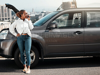 Buy stock photo Phone call, stuck car and woman in the road with stress for engine problem or emergency. Transport, frustration and upset African female person on mobile conversation for motor accident in street.