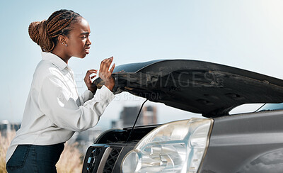 Buy stock photo Car problem, road or angry black woman late for work from engine crisis or accident on street in city. Fear, frustrated or worried driver by a stuck motor vehicle with stress or anxiety in emergency 