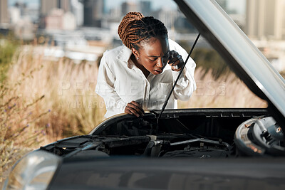 Buy stock photo Phone call, stress and black woman fixing car in the road with frustration for engine problem emergency. Transport, travel and upset female person on mobile conversation with motor accident in street