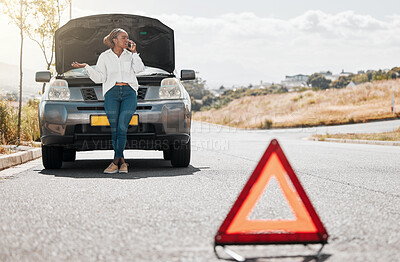 Buy stock photo Car problem, stop sign or driver on a phone call frustrated by engine crisis or accident on road or street. Transport fail, stress or angry black woman talking by a stuck motor vehicle in emergency