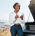 Car insurance, phone or portrait of happy woman with thumbs up on road typing message for help. Smile, service or African driver by a stuck motor vehicle texting on social media mobile app or online