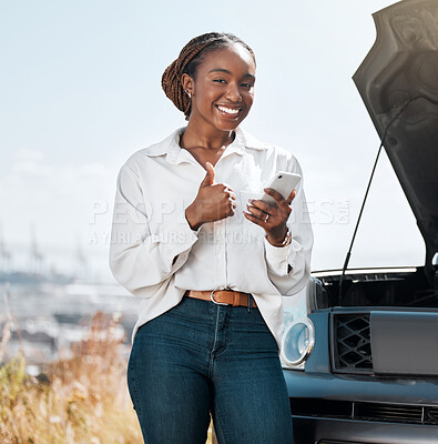 Buy stock photo Car insurance, phone or portrait of happy woman with thumbs up on road typing message for help. Smile, service or African driver by a stuck motor vehicle texting on social media mobile app or online