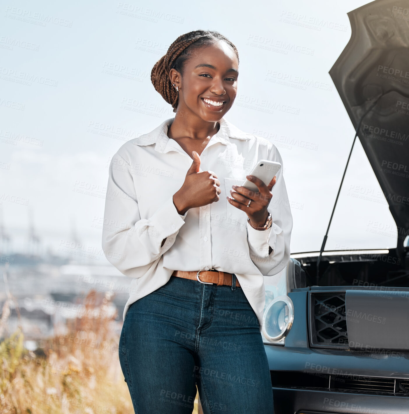 Buy stock photo Car insurance, phone or portrait of happy woman with thumbs up on road typing message for help. Smile, service or African driver by a stuck motor vehicle texting on social media mobile app or online