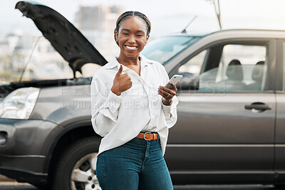 Buy stock photo Car insurance, mobile or portrait of happy woman with thumbs up on road typing message for help. Smile, phone service or African driver by a stuck motor vehicle texting on social media or online