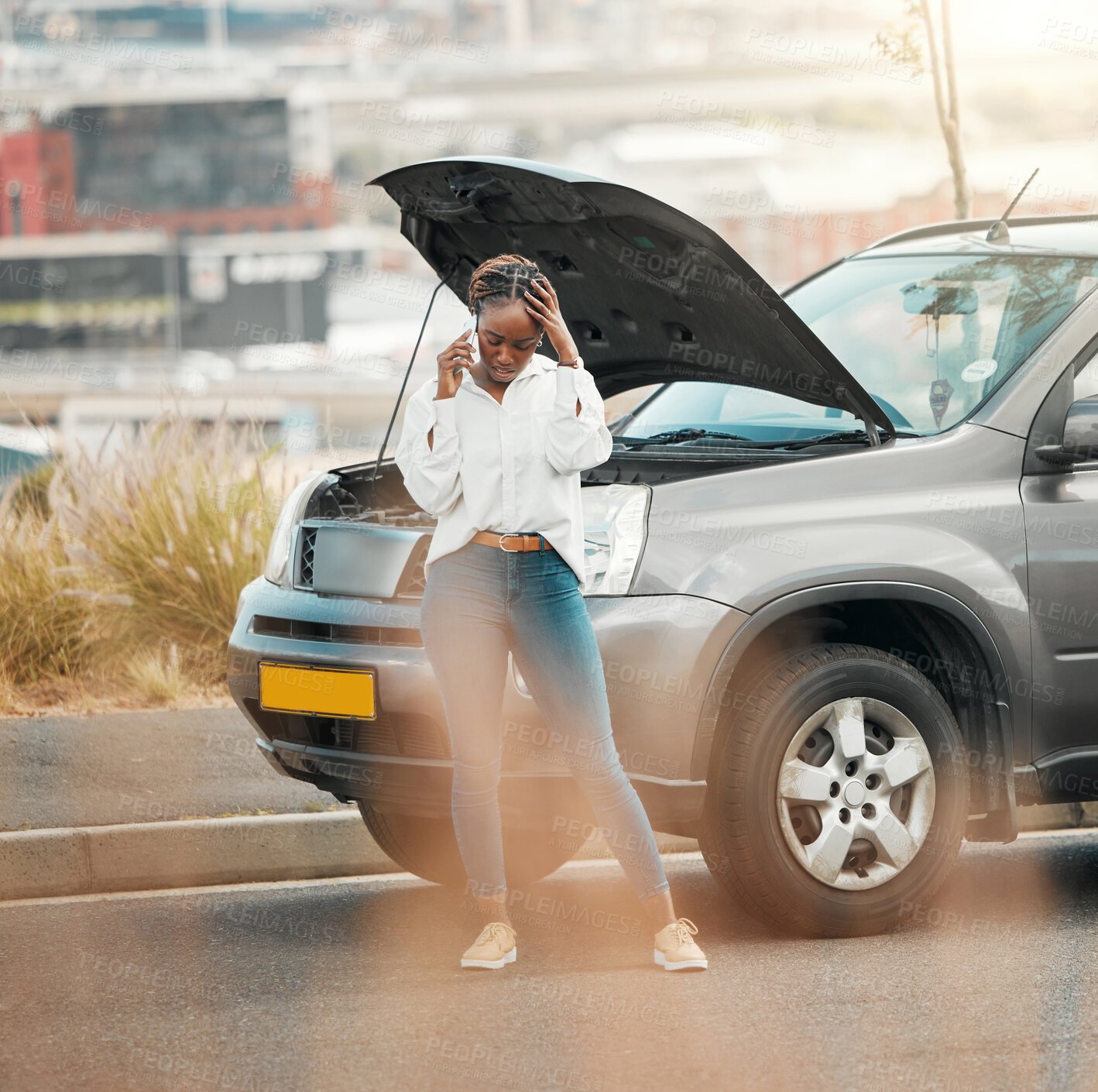 Buy stock photo Frustration, phone call and black woman with stuck car in the road with stress for engine problem emergency. Transport, travel and upset African person on mobile conversation for accident in street.