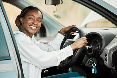 Buy stock photo Woman, driving car and portrait in driver seat with license, freedom and travel on road trip. Black female person in automobile, transport or vehicle for test, transportation and excited for journey