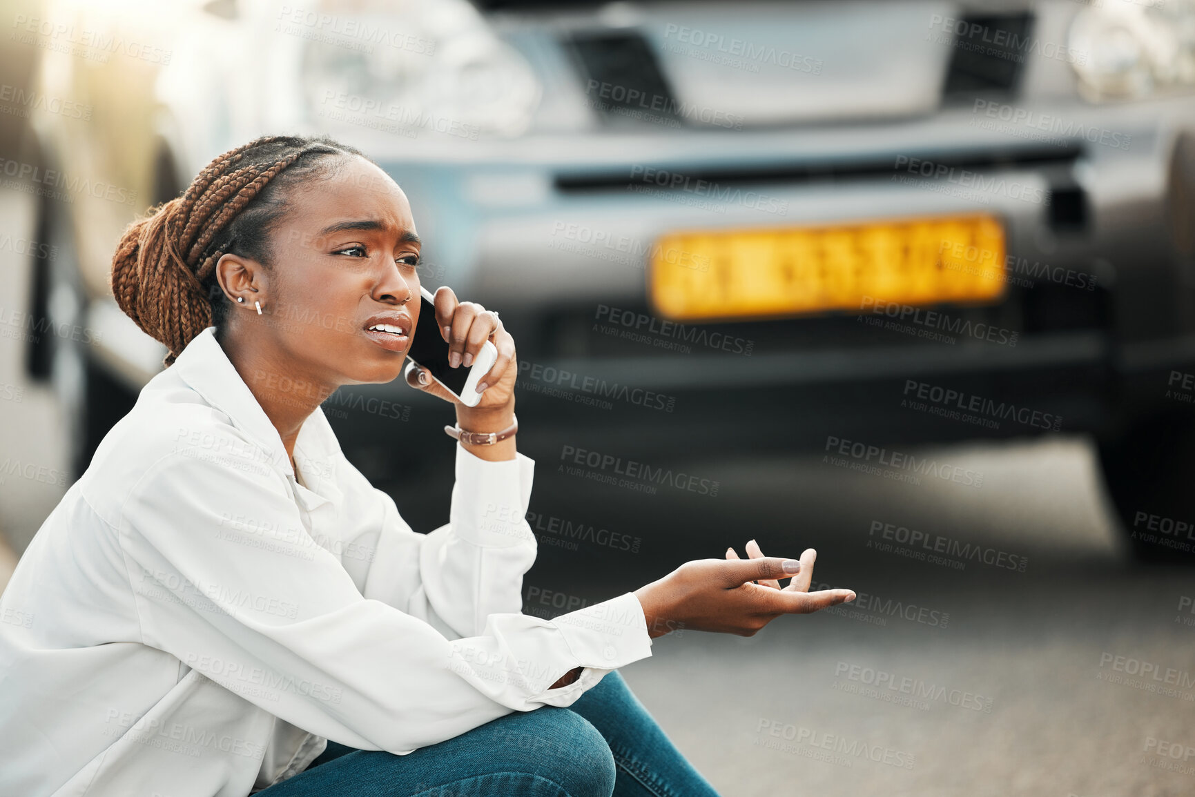 Buy stock photo Car insurance, phone call or black woman on road with stress, anxiety or bad engine crisis on street. Listen, fear or worried African driver talking by a stuck motor vehicle in emergency or accident