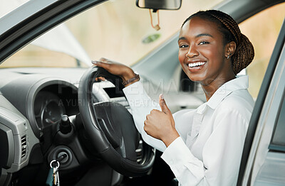 Buy stock photo New car, portrait or happy black woman with thumbs up, yes or thank you for vehicle finance or loan success. Smile, motor deal and happy driver ready for travel, transport or auto insurance agreement